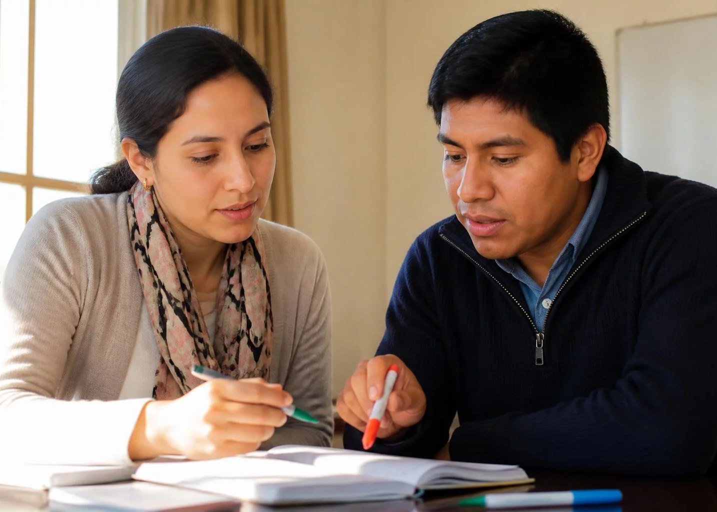 Dupla preparando su intervención con cuaderno y plumones