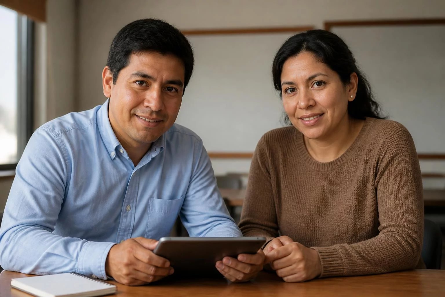 Dos personas inclinadas sobre una tablet con anotaciones