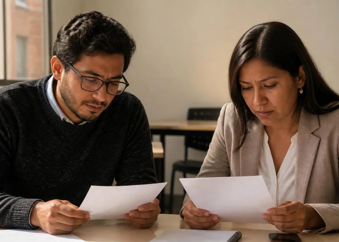 Dos asistentes leyendo juntos las hojas del caso