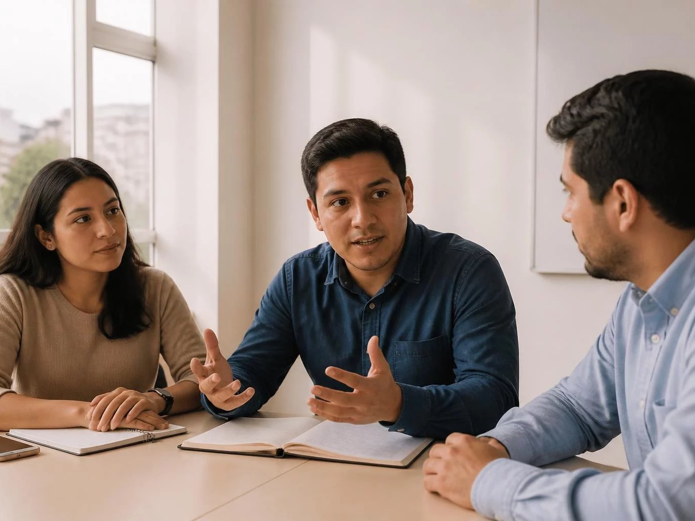 Tres personas en una sala de reuniones, una de ellas argumentando