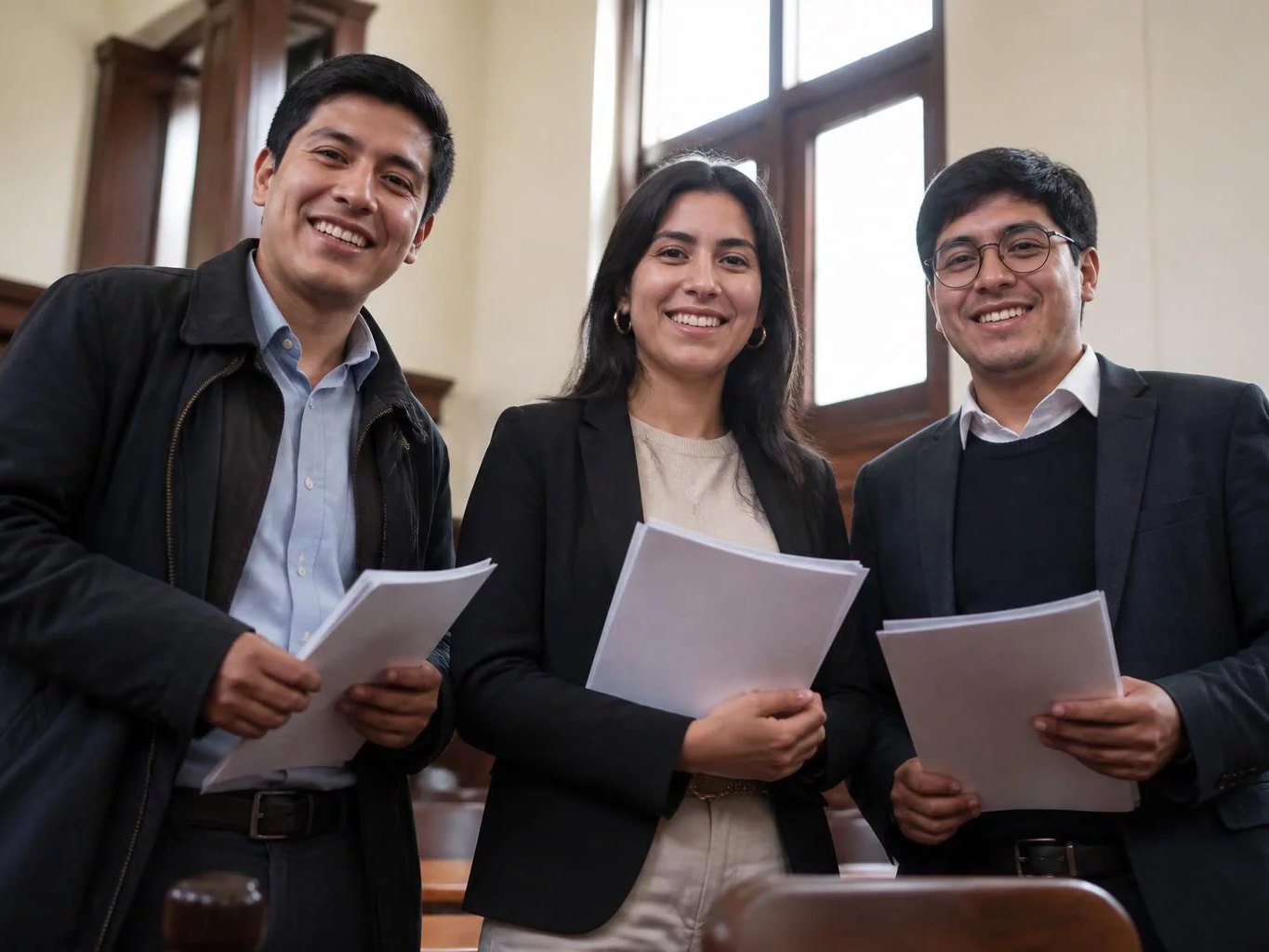 Tres personas sonriendo tras el cierre de una ronda