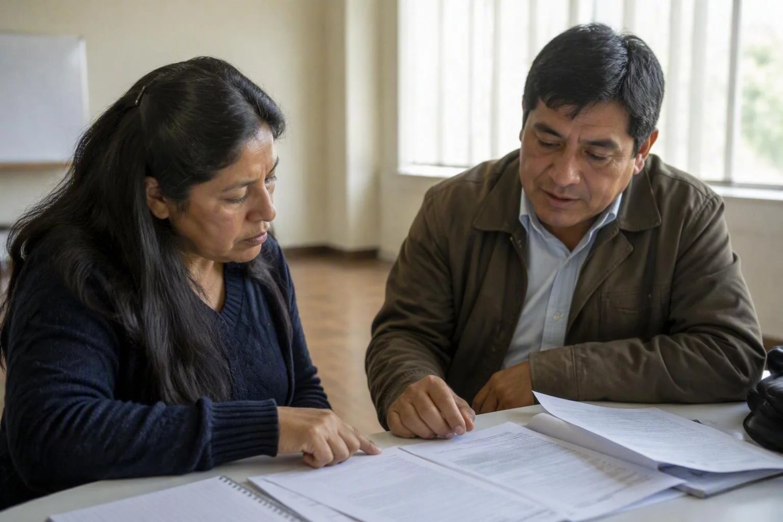 Dos asistentes en la mesa de trabajo, entre hojas y anotaciones